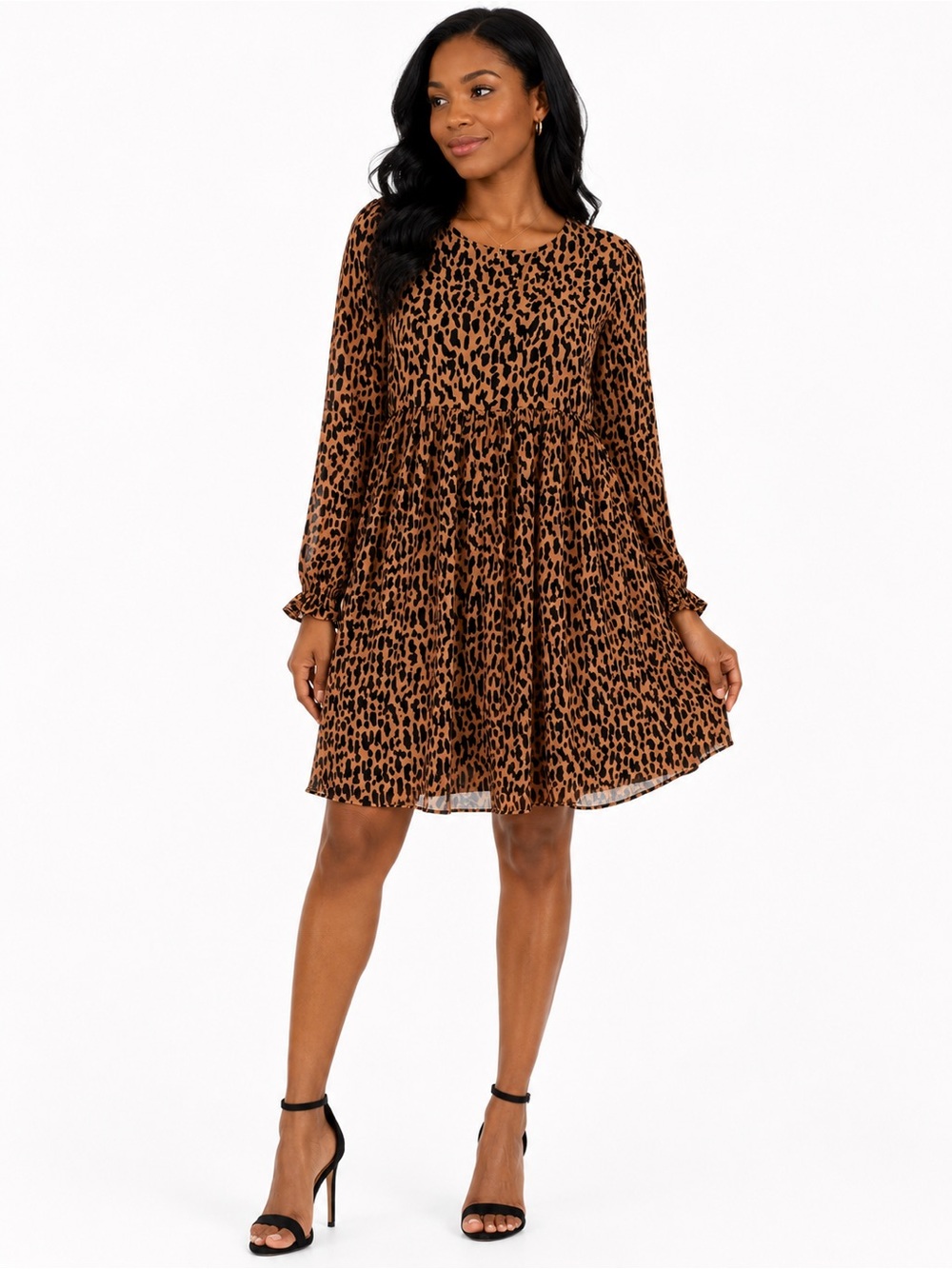 bp Leopard-Print Long Sleeve Swing Dress - Brown/Black